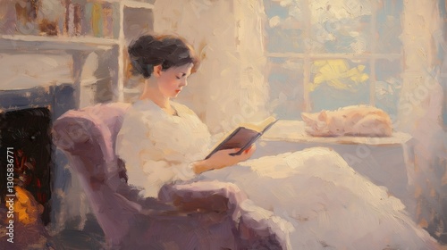 A beautiful impressionist painting of a woman enjoying a book near a large window, with a cozy cat resting by her side and sunlight streaming in