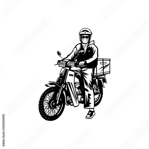 classic motorcyclist carrying a box behind him front left side view black and white vector line art