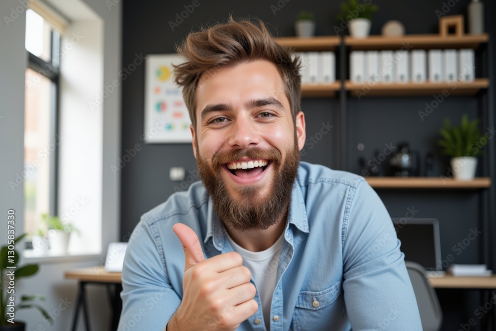 Naklejka premium Smiling Young Caucasian Man in Casual Attire Giving Thumbs Up in Modern Office Space with Shelves and Green Plants, Exuding Positive Vibes