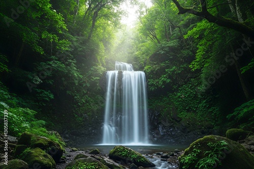 A serene waterfall cascades down in a lush green forest, illuminated by soft light filtering through the trees.
