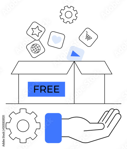 Open box labeled free with app icons thumbs up star, globe, cart, and heart emerging. Hand offering services over gears. Ideal for free resources, apps, charity, support sharing giveaway flat