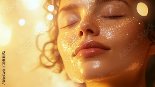 Woman receiving vitamin C facial, soft golden light, pastel yellow and beige tones, and rejuvenating atmosphere, close-up shot.