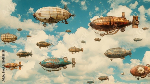 Steampunk Airships Sailing Through a Vibrant Sky of Clouds photo