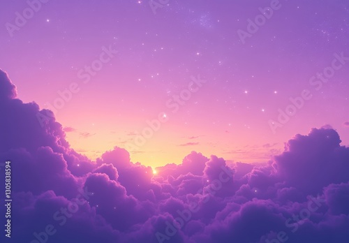 Serene Purple Sky with Fluffy Clouds at Sunset, Soft Pastel Hues Blending Together, Creating a Dreamy and Tranquil Atmosphere for Relaxation