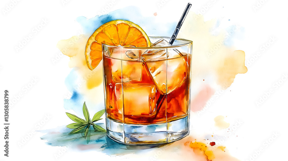 A glass of alcohol with an orange slice on top. The glass is half full and the orange slice is on the side A glass of alcohol with an orange slice on top. The glass is half full and the orange slice is on the side