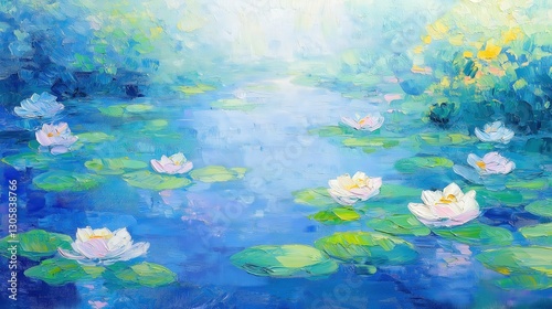 A picturesque pond with floating water lilies and shimmering reflections of sunlight, creating a peaceful and artistic composition