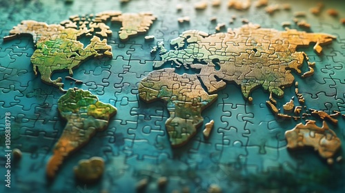 World map made of puzzle pieces, soft ambient light, pastel blue and green tones, and fun interactive mood, eye-level shot.