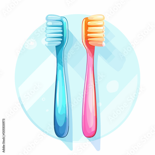 Colorful cartoon toothbrushes in blue and pink.