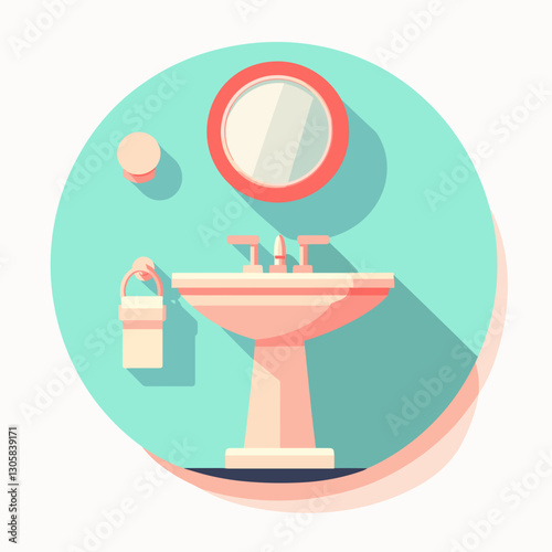 Minimalist bathroom sink with mirror in flat design.