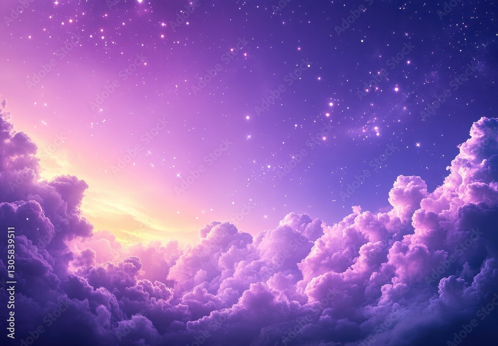 Serene Twilight Sky with Vibrant Purple Clouds and Twinkling Stars in a Dreamy Landscape at Dusk Serene Twilight Sky with Vibrant Purple Clouds and Twinkling Stars in a Dreamy Landscape at Dusk
