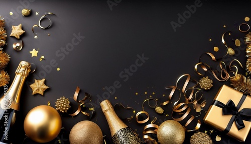 new years eve botom border of gold and black decorations streamers and champagne top view over a black banner background