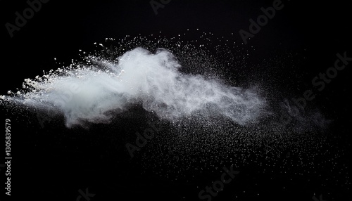 Freeze motion of white powder explosions isolated on black background.