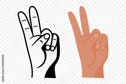 Hand Showing the Victory or Peace Sign, Flat Vector Illustration. Black and Colored Hands Making a Two Finger Gesture. Symbol of Success, Freedom, Protest. Outline and Flat Style Hand Sign Icon Set