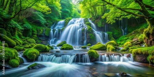 Mossy Waterfall Forest Photography - Lush Green Nature Scene, Cascading Water, Urban Exploration