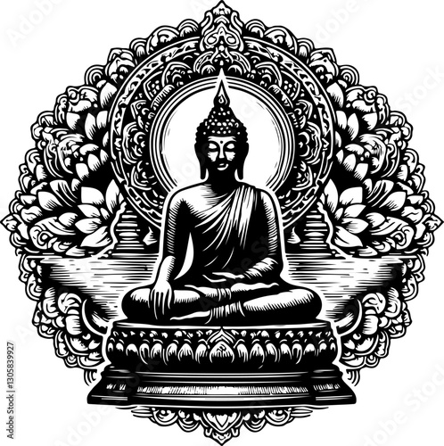 sketch vector illustration silhouette design poster statue of holy buddha meditating ethnic traditional classic vintage 