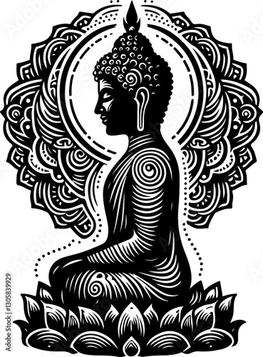 sketch vector illustration silhouette design poster statue of holy buddha meditating ethnic traditional classic vintage  