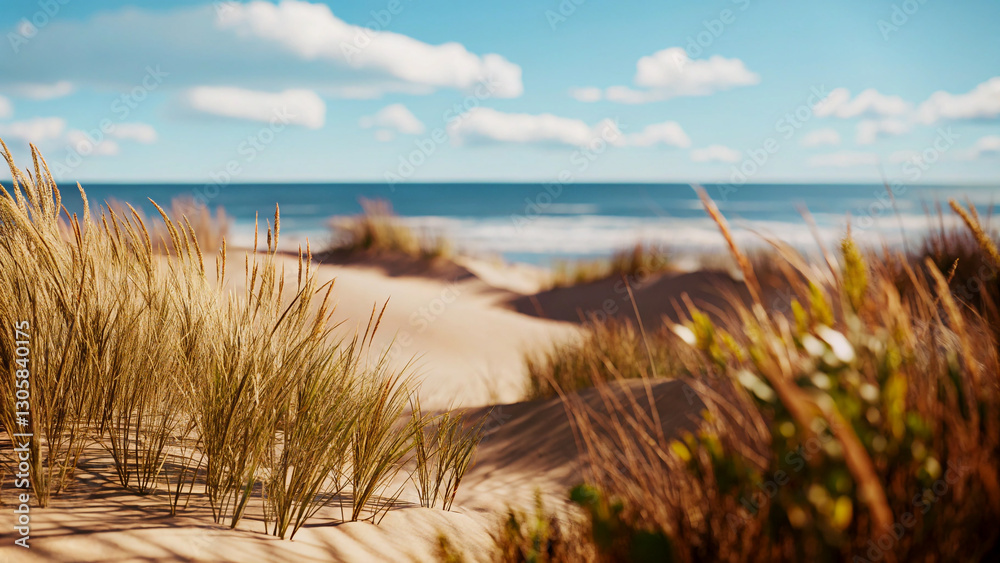 Lush green grass growing on a sunny beach dune overlooking the ocean. Lush green grass growing on a sunny beach dune overlooking the ocean.