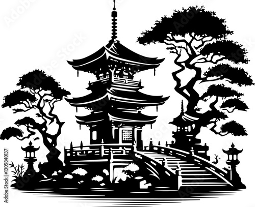 sketch vector illustration silhouette design poster painting landscape decoration ethnic traditional classic vintage china and japan 