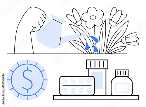 Hand pouring water on blooming flowers, dollar coin signifying finances, and medicine bottles representing health. Ideal for growth, investment, healthcare, nature, financial planning, wellness