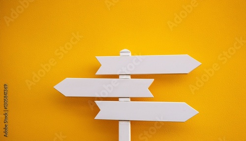 Minimalist white signpost with blank directional arrows against bright yellow background with empty copy space for text.