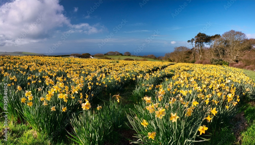Fototapeta premium field of flowering daffodils in spring near padstow in cornwall england