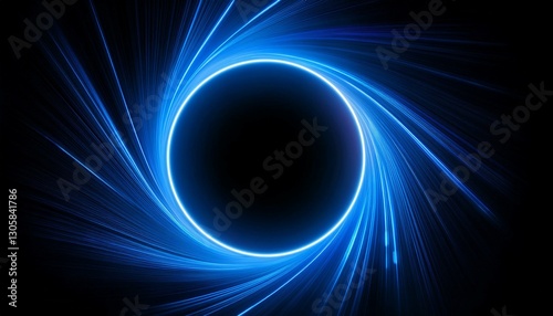 Template for text : Blue neon glowing glare circle with rays. Frame isolated on black background