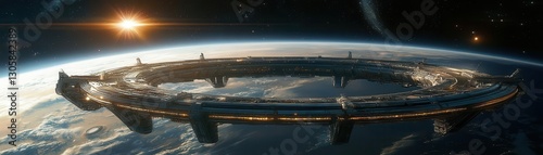 Sci-fi mega structure orbiting a planet, its architecture based on a symmetrical grid design, emphasizing precision and engineering