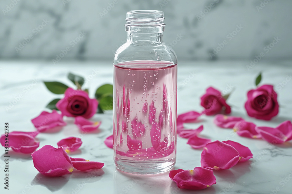 Beautiful glass bottle filled with sparkling pink liquid surrounded by rose petals and blooms on a marble surface Beautiful glass bottle filled with sparkling pink liquid surrounded by rose petals and blooms on a marble surface