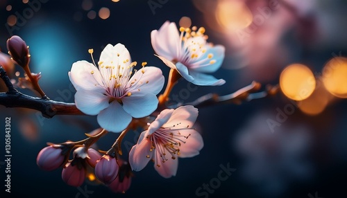 closeup of spring blossom flower on dark bokeh background macro cherry blossom tree branch