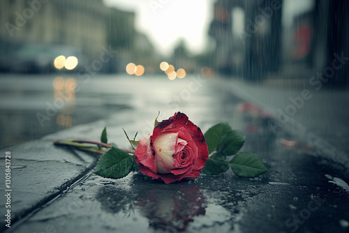 Beautiful rose lies on wet pavement in city street after rain, capturing a moment of nature's fragility and urban life dynamics