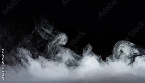 Panoramic view of the abstract fog or smoke move on black background. White cloudiness, mist or smog background