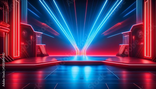 Vibrant Vibes: A neon-lit game show background with vibrant red and blue colors, designed for an energetic and exciting stage.