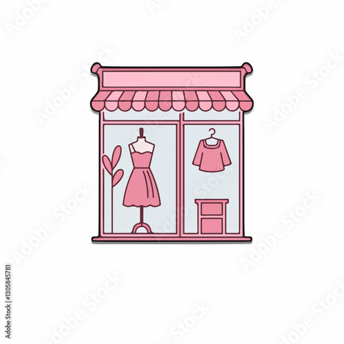 Minimalist boutique icon featuring a storefront with a striped awning a mannequin displaying a stylish skirt and hanging dresses in soft pink tones.