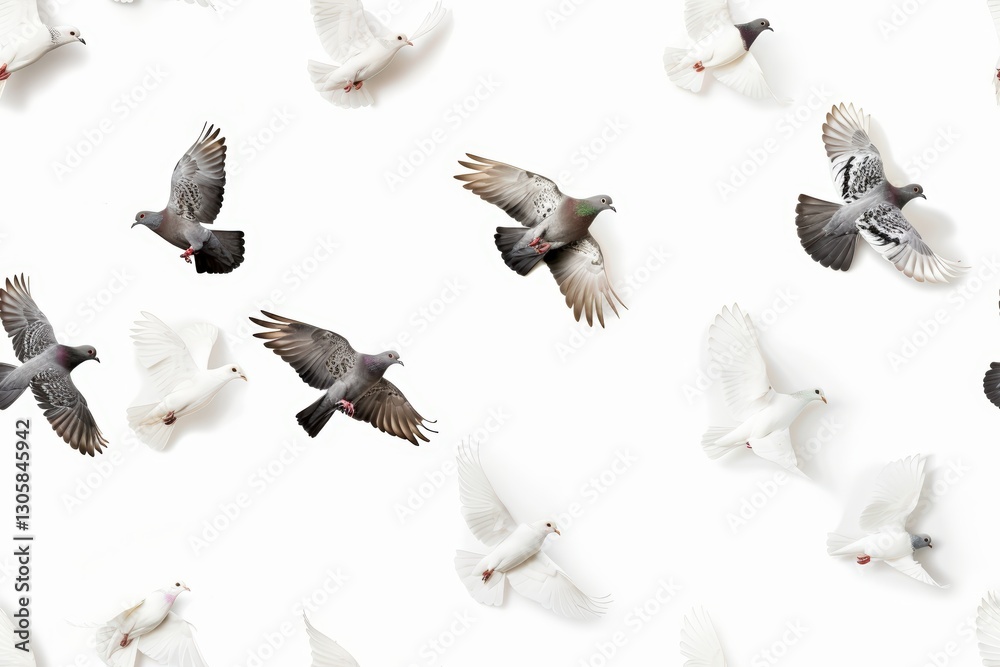 Obraz premium Diverse flock of flying pigeons against a white background