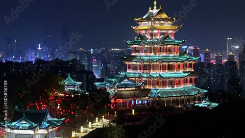 Stunning aerial view of Chongqing Hongen Temple illuminated at night