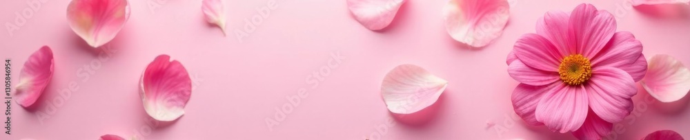 Blushing flower petals scattered on pink background with delicate centerpieces , pastel, flowers Blushing flower petals scattered on pink background with delicate centerpieces , pastel, flowers