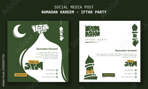 Social media template in green and white design with abstract lantern for ramadan iftar party
