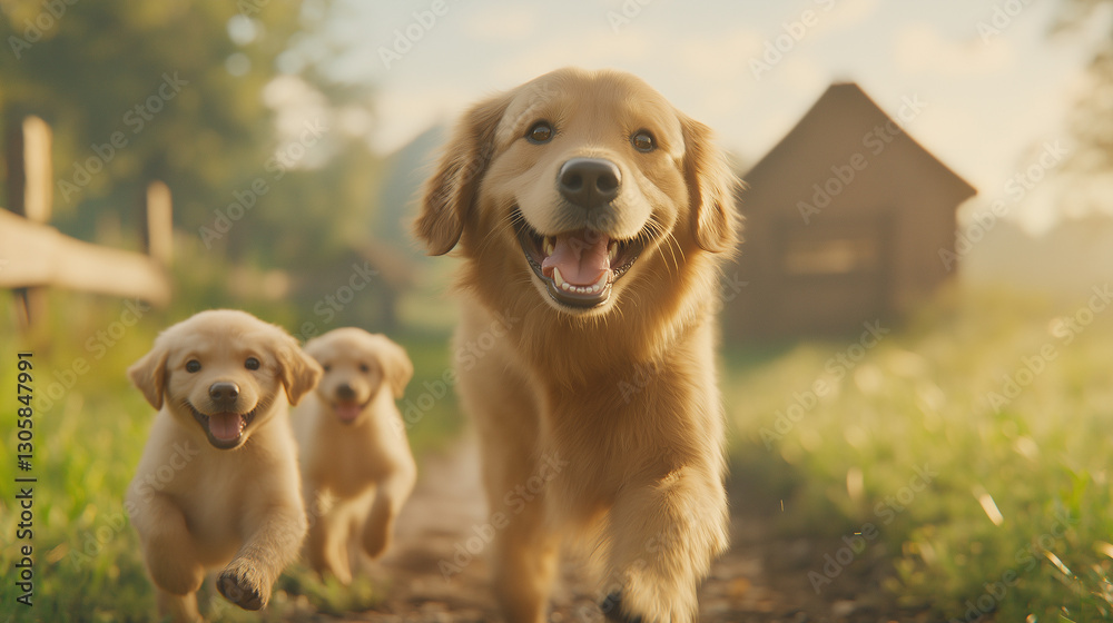 Joyful Golden Retrievers: A heartwarming scene unfolds as a golden retriever, followed by its adorable puppies, trots happily toward the camera, embodying pure joy and family bonding. Joyful Golden Retrievers: A heartwarming scene unfolds as a golden retriever, followed by its adorable puppies, trots happily toward the camera, embodying pure joy and family bonding.
