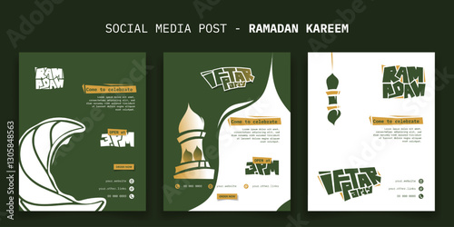 Set of social media post in green white portrait design for ramadan iftar party