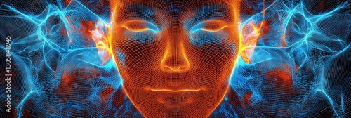 Symmetrical digital face wireframe with cosmic energy