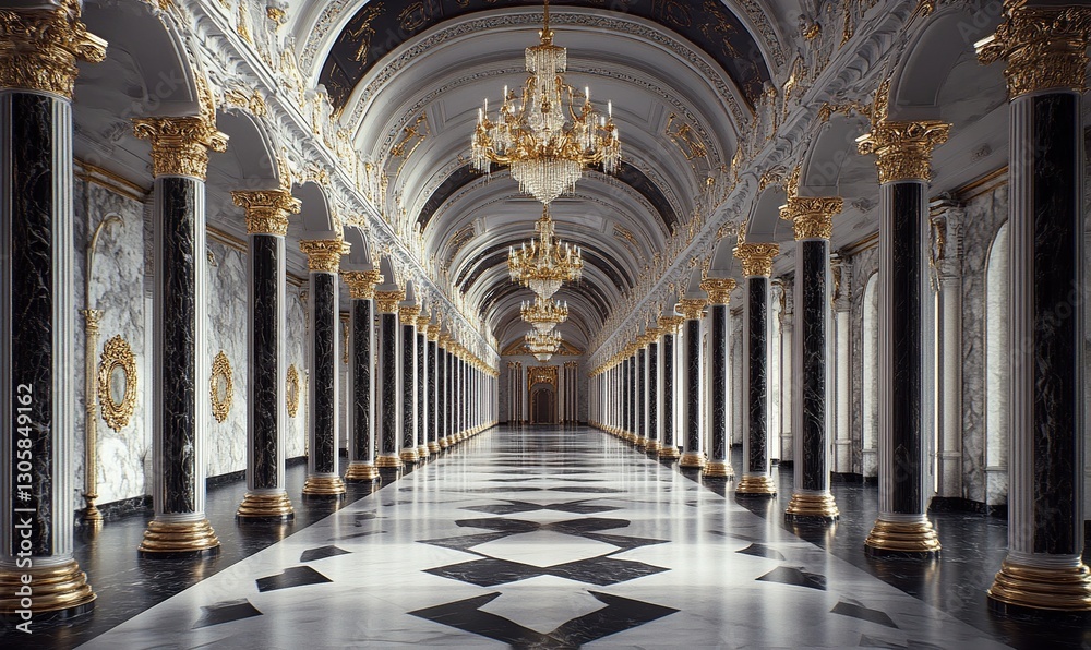 Fototapeta premium Grand Palace Hallway Interior: Marble Columns Gold Accents