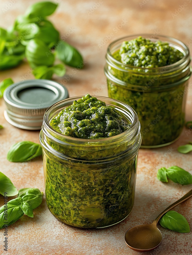 Gourmet Pesto in Jars: Fresh Homemade Green Sauce with Organic Basil and Herbs for Italian Vegetarian Cooking Gourmet Pesto in Jars: Fresh Homemade Green Sauce with Organic Basil and Herbs for Italian Vegetarian Cooking