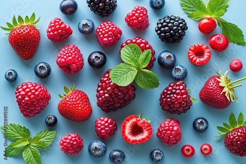 Colorful Berry Medley on Soft Blue Background for Healthy Organic Nutrition