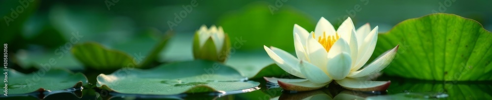 Obraz premium Delicate water lily plant with white and green petals, water, garden