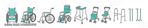 車いすとシルバーカーと杖などの介護用品セットイラスト