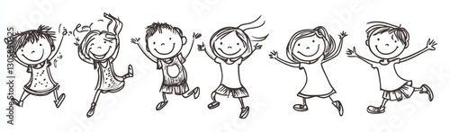 A simple line drawing of several cartoon children playing, smiling and jumping in the air Black ink on a white background Generative AI
