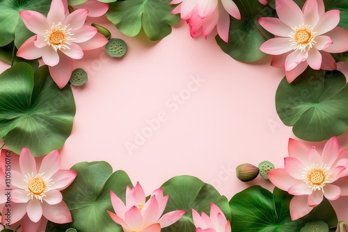 Moldura floral com flor de lótus rosa e folhas verdes vibrantes sobre fundo rosa suave, criada com IA generativa para um design delicado e natural