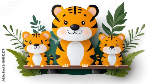 Wallpaper Mural Cute Cartoon Tigers with Green Leaves in Playful Nature Scene Torontodigital.ca