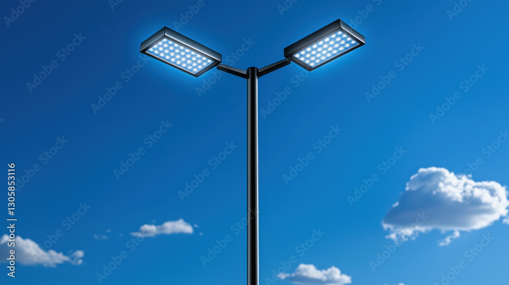 A classic street light illuminating the path against a clear blue sky creating a scenic view A classic street light illuminating the path against a clear blue sky creating a scenic view