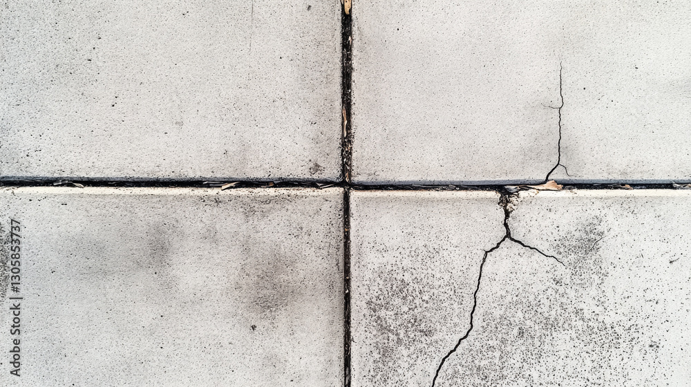 Obraz premium A close-up view of concrete pavement tiles showing a noticeable crack and stains, highlighting wear and aging in urban infrastructure.